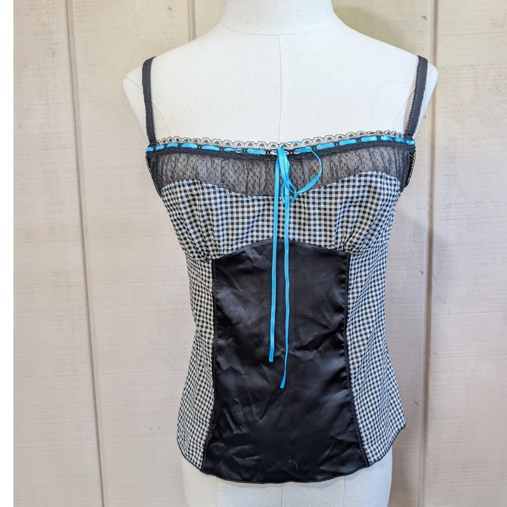 Vintage Y2K Victoria's Secret Gingham Satin Lace Cami Top Milkmaid Coquette